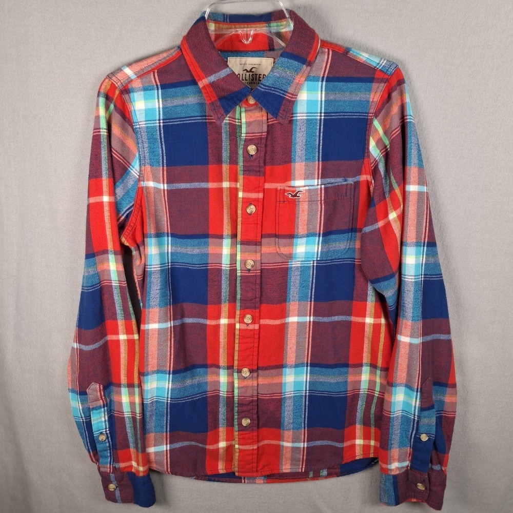 Hollister Pacific Merchants Flannel Shirt Mens Medium Red Blue‎ Plaid Button Up